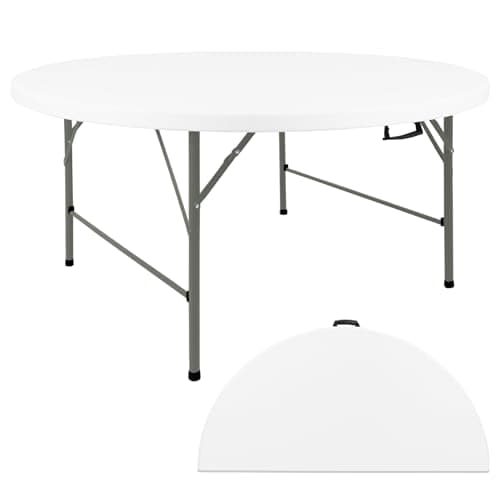 HAISIWLKJ 5FT Round Folding Table White Fold-in-Half with Carrying Handle Portable Plastic Table for Outdoor or Indoor Dining,Wedding, Camping,Party Table
