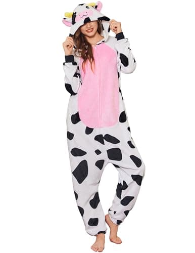 Ekouaer Adult Onesie Animal Halloween Costumes One Piece Pajamas Cosplay Suit Party Wear for Women and Men Cow