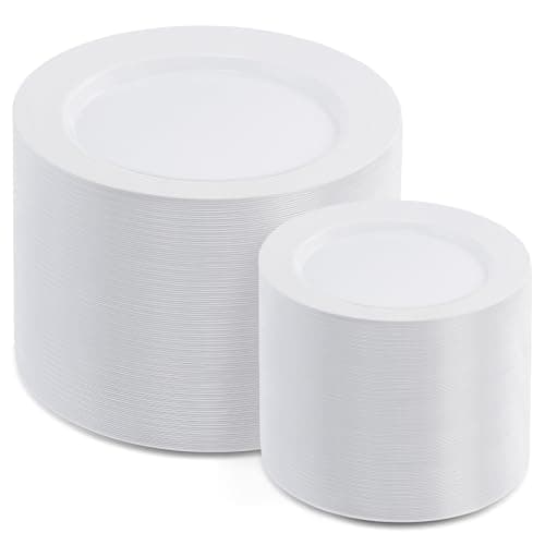 AOZITA 200pcs White Plastic Plates, Disposable Plates for Party, Heavy Duty Plastic Plates - 100 Dinner Plates and 100 Salad Plates, for Weddings, Parties and Events