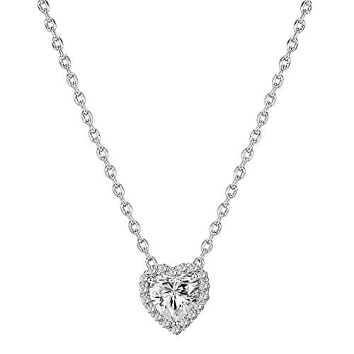 PAVOI 14K Gold Plated Post Faux Diamond Heart Shape Pendant Halo Necklace in White Gold