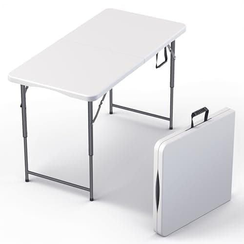 4 Feet Foldable Table Adjustable Height with Built in Handle, Steel Legs | 4FT Heavy Duty Portable | Perfect for Party Dining Wedding Events Picnic Indoor Outdoor Camping Utility Folding - 4 Foot