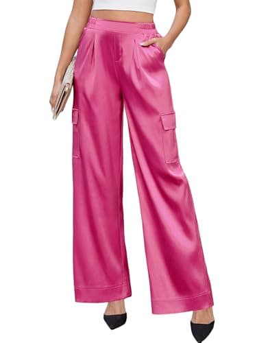 ZAFUL Womens Satin Pants Wide Leg High Waisted Cargo Pants Silky Dressy Casual Going Out Slack Trousers, Pink, M