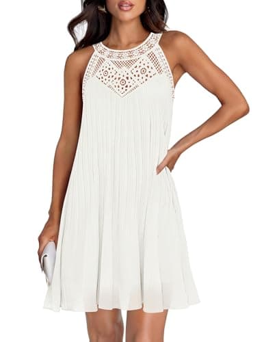 ZESICA Women's 2025 Summer Halter Chiffon Mini Dresses Sleeveless Hollow Out A Line Flowy Ruffle Beach Vacation Sundress,White,Medium