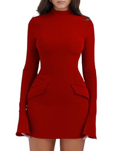 YMDUCH Women's Long Sleeve Mock Turtle Neck Bodycon Mini Tank Short Party Dress Red