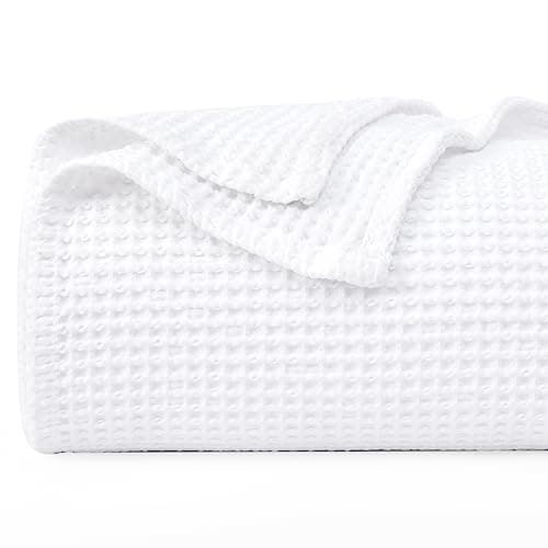 PHF 100% Cotton Waffle Weave Blanket Queen Size 90"x90"-Lightweight Washed Soft Breathable Blanket Perfect for Summer - Great Blanket Layer for Couch Bed Sofa-Elegant Home Decoration-White