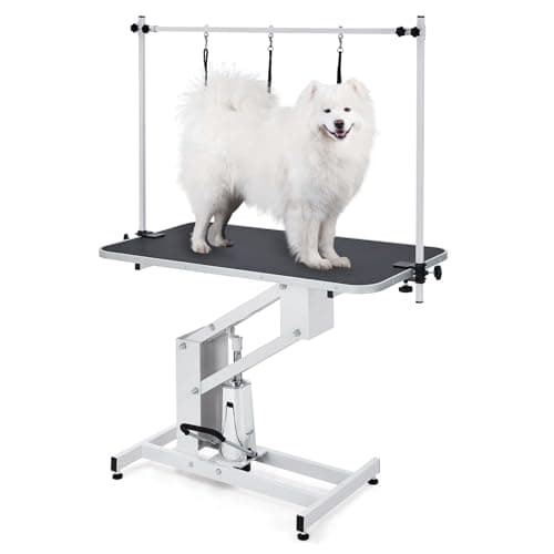 MERXENG 43.3" Electric Dog Grooming Table,350 LBS Grooming Table Arm with Clamp,Desktop Adjustable Height,Non-Slip PVC Top,for Large Dogs,Salon-Grade Pet Grooming Station (White)