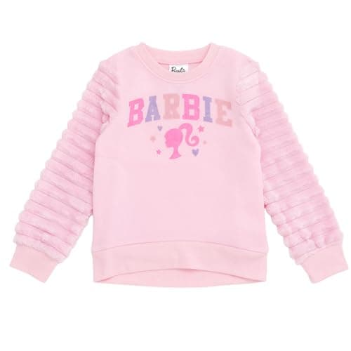 Barbie Little Girls Fleece Pullover Sweatshirt with Faux Fur Sleeves Pastel Pink 6