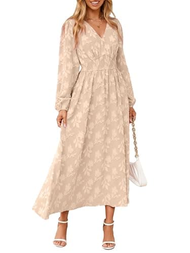 Simplee Womens Boho Floral Long Sleeve Maxi Dress V Neck Empire Waist Semi Formal Wedding Guest Long Flowy Dresses Beige M