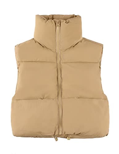 UANEO Cropped Puffer Vest Women Zip Up Stand Collar Sleeveless Padded Crop Puffy Vests (Khaki-M)