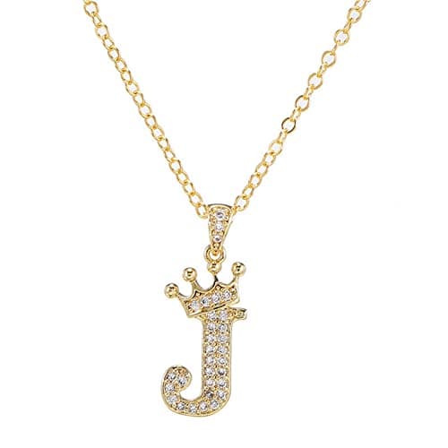 Letter A-Z Pendant Necklace Crown Letter Pendant Charming Initials Chain Necklace, Inlaid Crystal Letter Necklace -Crown-J