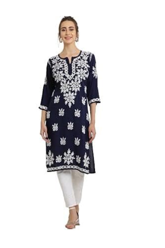 FAWOMENT Trendy Women's Kurti Straight Kurta Impresively Designed And Hand Embroidered With Lucknow Chikankari For Women Blue