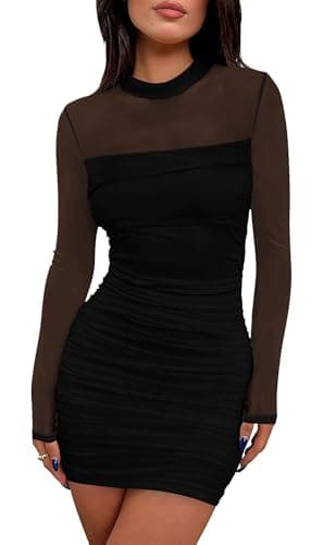 WIHOLL Women's Mesh Sheer Long Sleeve Ruched Mini Dress Sexy Bodycon Little Short Mock Neck Holiday Cocktail New Years Eve Party Club Fall Dresses for Women 2025 Plus Size Black XL