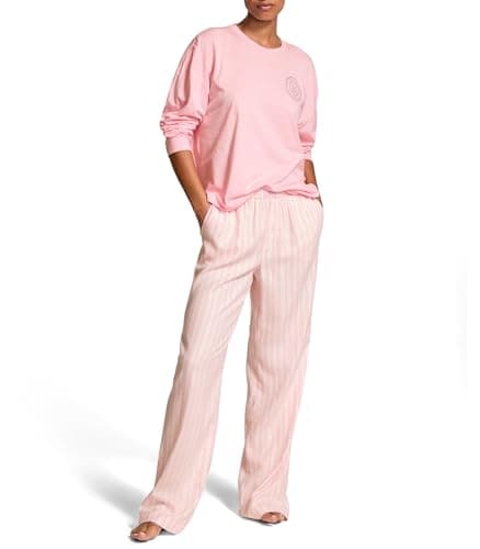 Victoria's Secret Cotton Tee Pajama Set, Long Sleeve Cotton Shirt and Long Flannel Pajama Pant Set, Sleepwear for Women, Pretty Blossom Shimmer (S)