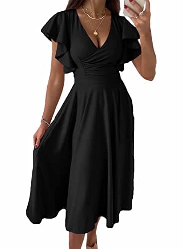 Dokotoo Women's Deep V Neck Ruffle Short Sleeve Wrap Swing A Line Flared Cocktail Party Midi Dress Black S
