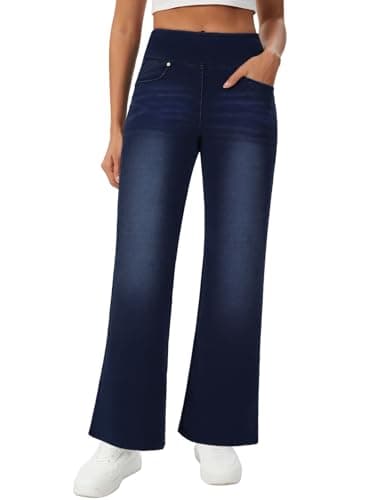 Amzdora Women’s High Waisted Jeans Pants Stretchy Pull On Bootcut Pants with Pockets Soft Wide Leg Casual Everyday Trousers Dark Blue 10