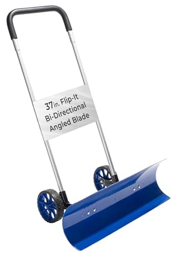 Idzo Efficient Snow Pusher, Snow Plow Shovel with 37-Inch Reversible and Bi-Directional Angled Blade, Snow Shovel with Wheels & Convenient 90 Degree Handle for Driveways, Sidewalks, Ice Hockey Rinks