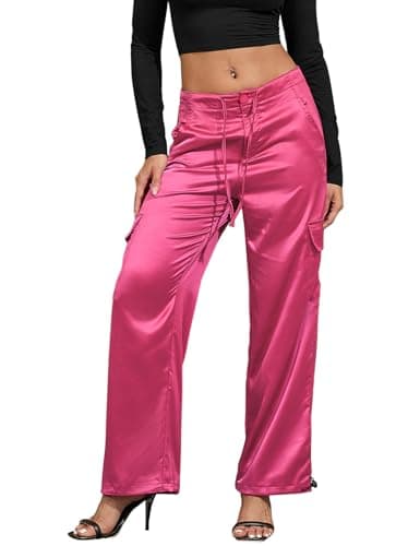 Perfashion Cargo Pants Women Satin Wide Leg Trousers Dressy Silk Pink Date Night Rave Outfits Loose S