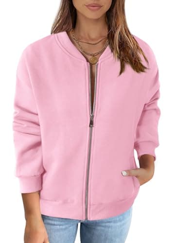 MEROKEETY Basic Zip Front Sweatshirts Crew Neck Solid Color Casual Coat Jacket for Women, Pink, Medium