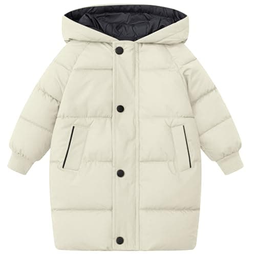 Flygo Girls Puffer Jacket Hooded Winter Coats Water-Resistant Midi Long Zip Puffy Jackets for Boys Little Kids(Beige-S)