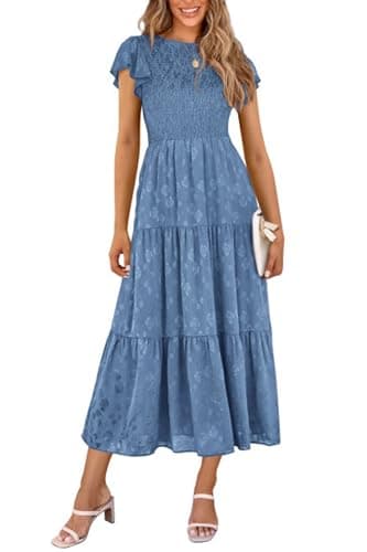 PRETTYGARDEN Women's Floral Midi Dresses 2025 Summer Cap Sleeve Smocked Ruffle A Line Long Flowy Wedding Guest Dress (Blue,Large)