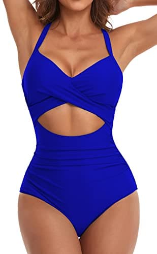 Eomenie Women's One Piece Swimsuits Tummy Control Cutout High Waisted Bathing Suit Wrap Tie Back 1 Piece Swimsuit Royal Blue