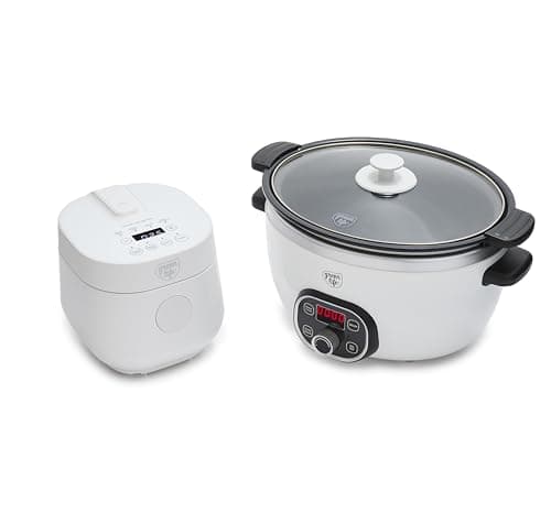 GreenLife 6QT Programmable Slow Cooker and 4-Cup Rice and Grain Cooker, Healthy Ceramic Nonstick, PFAS & PFOA-Free, Digital Timer, Dishwasher Safe, Versatile Cooking Appliances, White