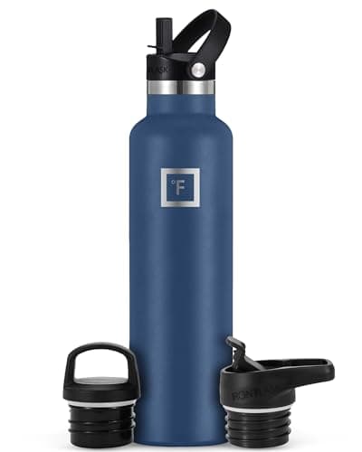 IRON °FLASK Camping & Hiking Hydration Canteens - 3 Lids (Narrow Straw Lid) Leak Proof Vacuum Insulated Stainless Steel - Hot & Cold Double Walled Sports Water Bottle - Twilight Blue, 24 Oz