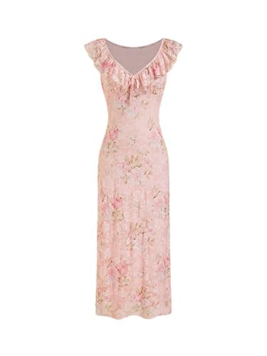 CIDER Women's Summer Floral Wedding Guest Dress Formal Ruffle Cocktail Dresses Cute V Neck Maxi Dress Elegant Outfits: Pink, M