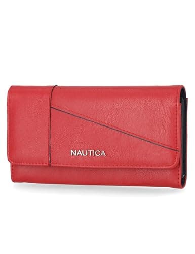 Nautica Money Manager RFID Slim Small Wallet for Women, Credit Card Holder with Coin Purse and Zipper Coin Pouch, Clutch Organizer in Fuego Red, Buff