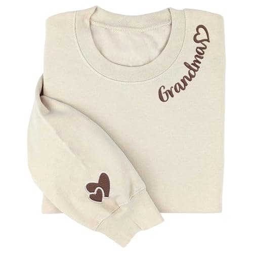 Famitrendz Grandma Embroidered Sweatshirt, Grandma Sweater with Heart on Sleeve, Grandma Crewneck, Grandma Birthday Gifts, Christmas Grandma Gifts, for Grandma, Sand (Size L)