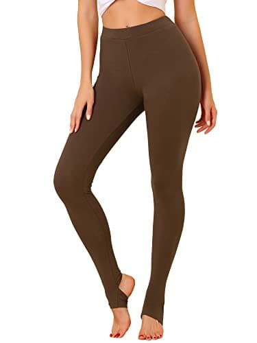 Allegra K Women's Cotton Leggings Elastic Waistband Gym Yoga Soft Christmas Stirrup Pants Tights Large Brown