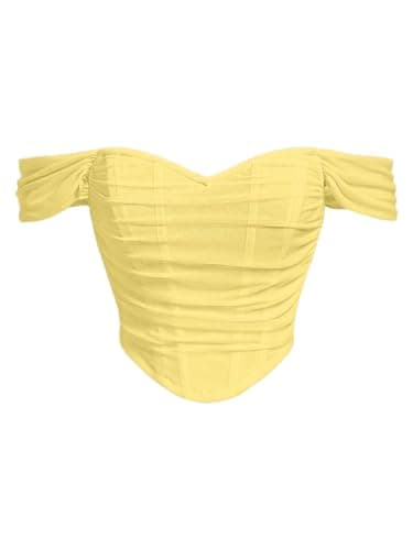 Floerns Women's Off Shoulder Short Sleeve Asymmetrical Hem Ruched Corset Crop Top Yellow Small
