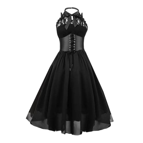 GOLDSTITCH Women's Sleeveless Gothic Lace Dress with Corset Halter Lace Swing Cocktail Dress