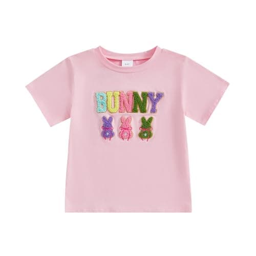 Toddler Boys Girls Cute Bunny Short Sleeve Crew Neck Shirt Top Kids Easter Outfits (Pink Bunny, 3-4 Years)