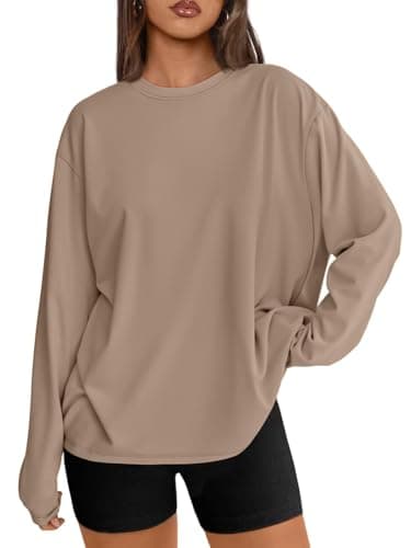 Trendy Queen Womens Oversized Long Sleeve T Shirts 2025 Basic Crewneck Tee Fall Tops Casual Workout Y2K Clothes Khaki M