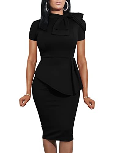 LAGSHIAN Women Fashion Peplum Bodycon Short Sleeve Bow Club Ruffle Pencil Party Dress Black