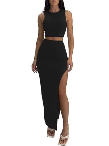 ELLEVEN Two Piece Maxi Skirt Sets Summer 2 Piece Dress Outfits Sexy High Slit Long Skirt and Sleeveless Crop Top for Women Going Out Bodycon Black Large