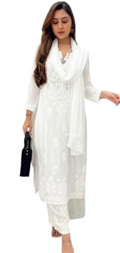 Chikankari Kurtis for Women Pakistani Salwar Kameez Suit Set Indian Dresses Cream White Kurti Pant & white Color Dupatta Set (XXL)