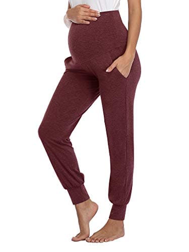 AMPOSH Women's Maternity Pants Stretchy Lounge Workout Sweatpants Casual Loose Comfy Pregnancy Joggers with Pockets(Heather Burgundy, M)