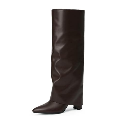 Modatope Brown Fold Over Knee High Boots for Women Pointed Toe Chunky Heeled Long Boots Tall Shark Boots Size 8