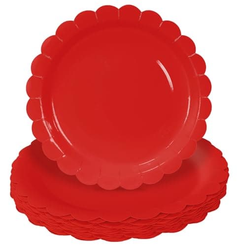 HEIPINIUYE 50 Pieces Red Paper Plates 9 Inch Red Scalloped Plates Disposable Dinner Plates for Wedding Baby Shower Birthday Party Dessert Plates