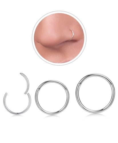 3Pcs 20G Silver Nose Rings Hoop for Women Men,Hypoallergenic 316l Surgical Steel Hinged Clicker Segment Nose Rings Hoop Helix Cartilage Daith Tragus Sleeper Earrings Real Body Piercing Jewelry Diameter 6mm 8mm 10mm