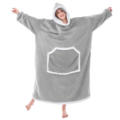IFNOW Wearable Blanket Hoodie,Oversized Sherpa Hooded Blanket Sweatshirt with Eye Mask and Pocket,Cozy Flannel Blanket with Sleeves for Adult,Birthday Christmas Gifts for Women Mom Girlfriend,Grey