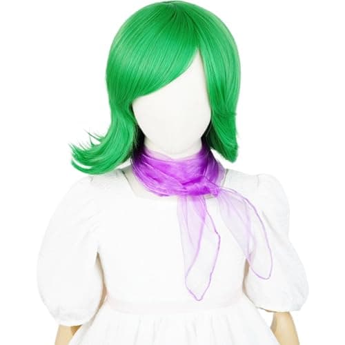 Disgust Wig Kids Short Green Disgust Costume Wig + Purple Scarf + Wig Cap for Child, Green Wigs for Girls Kids Toddler Cosplay Synthetic Hair Wig for Halloween Party Daily