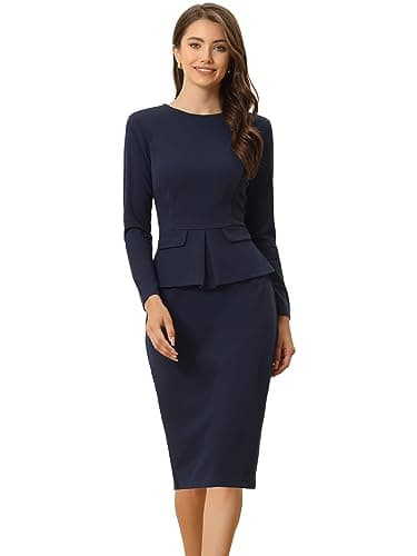 Allegra K Women's Bodycon Pencil Dress Round Neck Bracelet Sleeve Peplum Wear to Work Office Sheath Dress Small Navy Blue