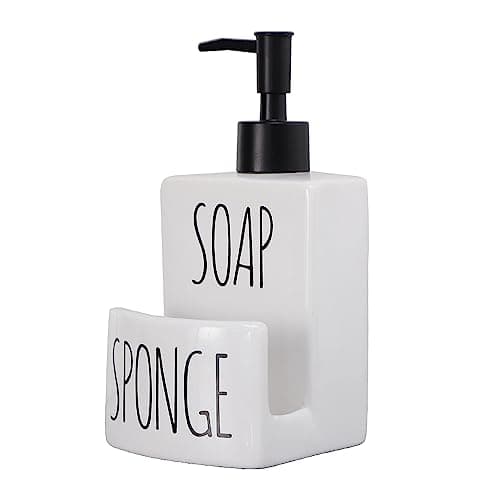 Ceramic Dish soap Dispenser with Sponge Holder Hand and Dish Soap Dispenser Set for Kitchen 2-in-1 Countertop Soap Pump Dispenser for Kitchen Sink, Useful Kitchen Gadgets - Modern Farmhouse White