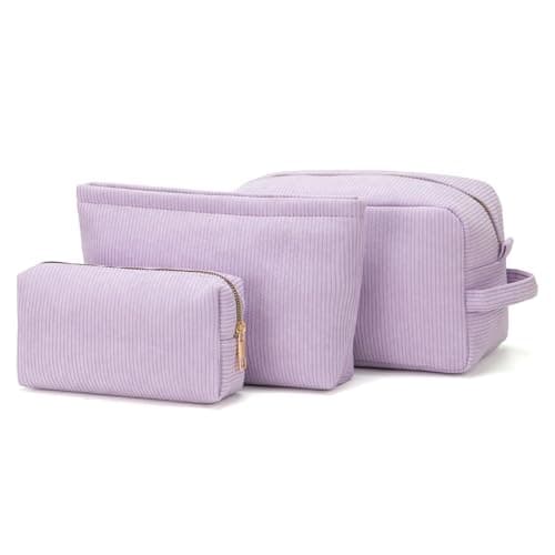 Viverte 3 Pieces Makeup Bag Cosmetic Bags for Women Corduroy Travel Toiletry Make Up Brush Storage Bag Pounch Organizer Travel Essenitial for Women (Lavender)