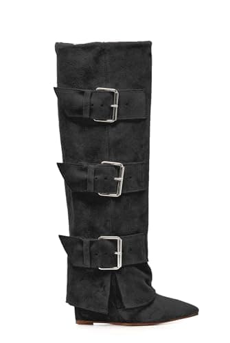 MissHeel Buckle Boots for Women Knee High Suede Boots Black Fold Over Boots Wedge Heel Boots Pointed Toe Shark Boots with Buckle Size 8