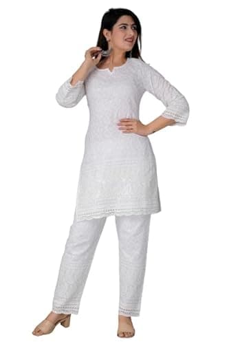 JG JAI GOVINDAM Chikankari Cotton Indian Kurtis for Women Summer Dresses Tunic Top Pant Set Pakistani Salwar Kameez Suit Set White-(X-Large)