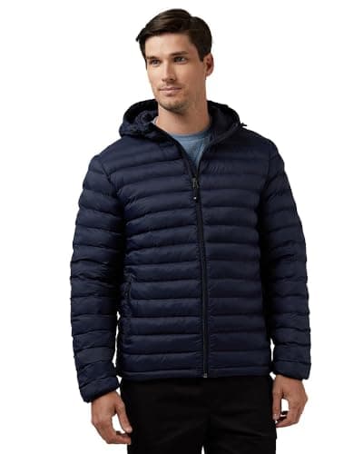 32 Degrees Heat Men’s Lightweight Packable Hooded Jacket – Water Resistant Travel Puffer, Stormy Night, Large